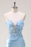 Sky Blue Mermaid Strapless Sequin Long Prom Dress With Appliques
