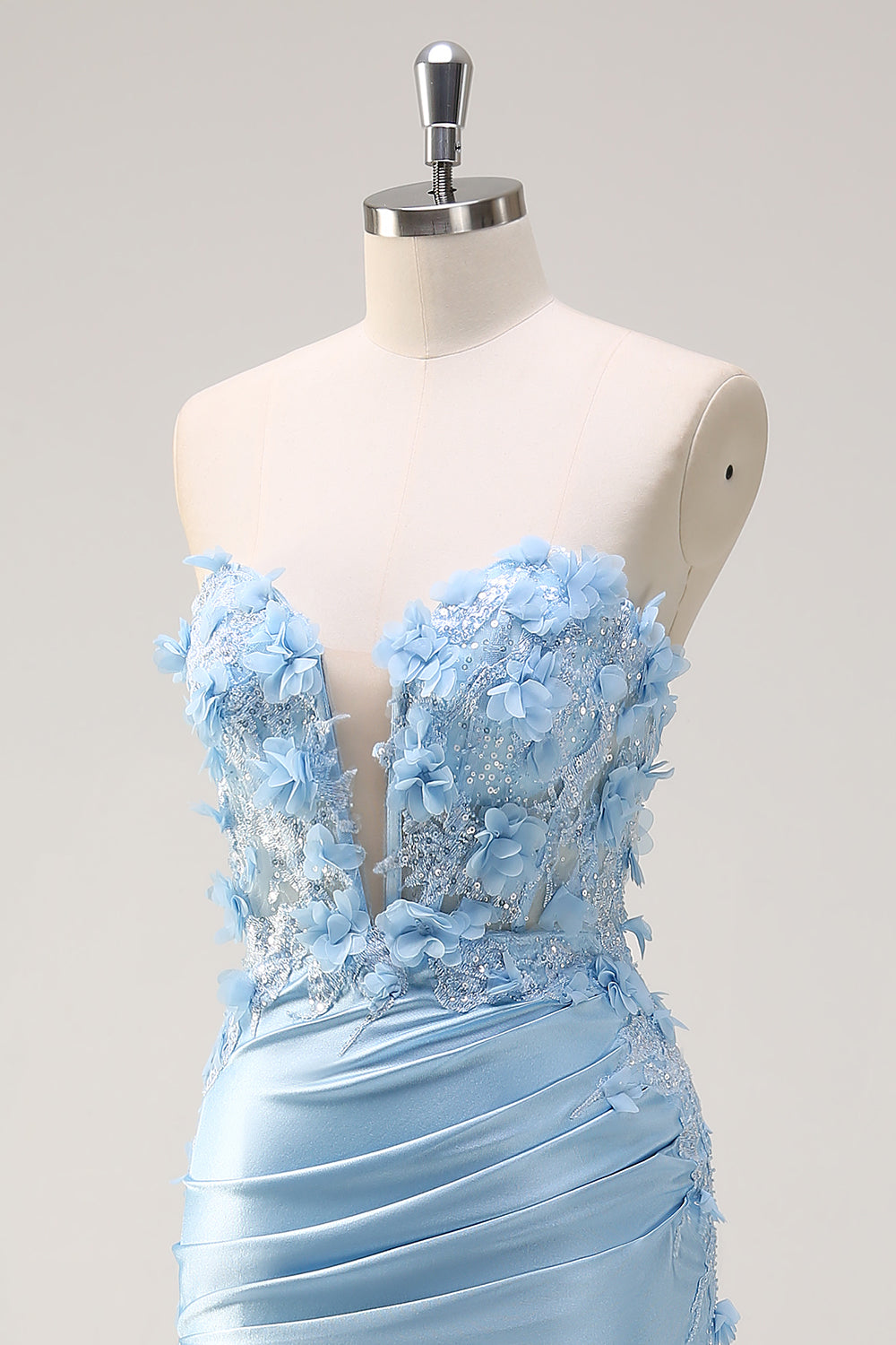 Sky Blue Mermaid Strapless Sequin Long Prom Dress With Appliques