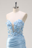 Sky Blue Mermaid Strapless Sequin Long Prom Dress With Appliques