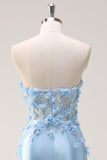 Sky Blue Mermaid Strapless Sequin Long Prom Dress With Appliques