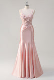 Pink Mermaid Spaghetti Straps Corset Flowers Satin Long Prom Dress