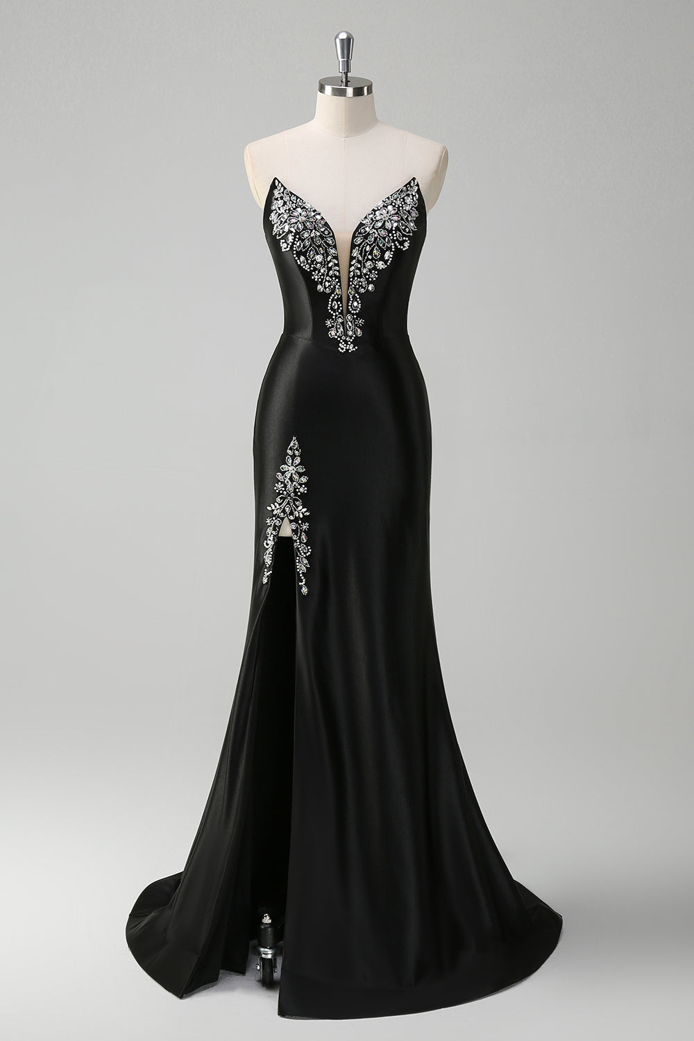 Black Mermaid Strapless V Neck Long Prom Dress with Beading