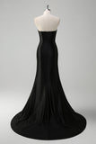 Black Mermaid Strapless V Neck Long Prom Dress with Beading