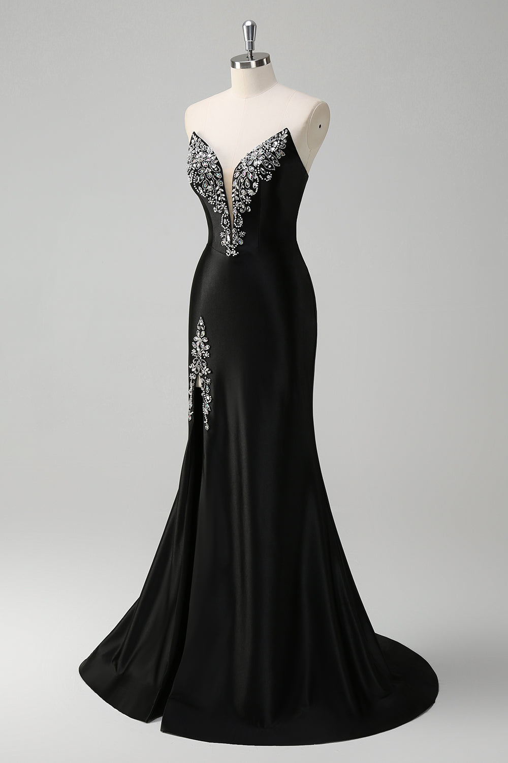 Black Mermaid Strapless V Neck Long Prom Dress with Beading