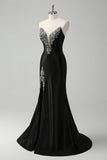 Black Mermaid Strapless V Neck Long Prom Dress with Beading
