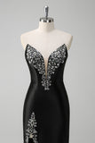 Black Mermaid Strapless V Neck Long Prom Dress with Beading