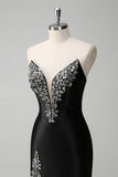 Black Mermaid Strapless V Neck Long Prom Dress with Beading