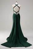 Sparkly Dark Green Mermaid Halter Corset Long Sequin Prom Dress