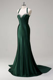 Sparkly Dark Green Mermaid Halter Corset Long Sequin Prom Dress