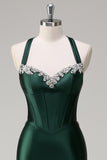 Sparkly Dark Green Mermaid Halter Corset Long Sequin Prom Dress