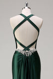 Sparkly Dark Green Mermaid Halter Corset Long Sequin Prom Dress