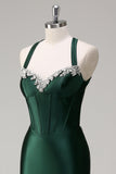 Sparkly Dark Green Mermaid Halter Corset Long Sequin Prom Dress
