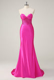 Fuchsia Mermaid Strapless Corset Long Prom Dress