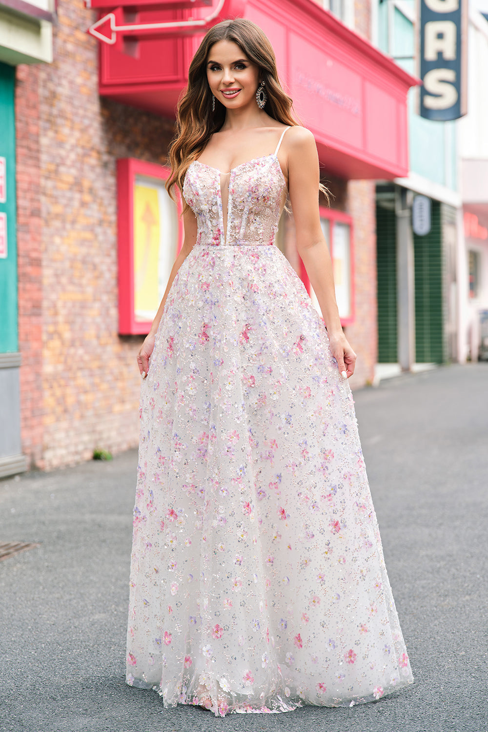 Pink A Line Spaghetti Straps Floral Sequin Prom Dress