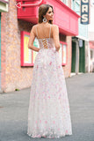 Pink A Line Spaghetti Straps Floral Sequin Prom Dress