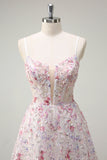 Pink A Line Spaghetti Straps Floral Sequin Prom Dress
