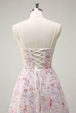 Pink A Line Spaghetti Straps Floral Sequin Prom Dress