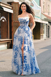 White Blue Flower A Line Spaghetti Straps Ruched Corset Long Prom Dress With Slit