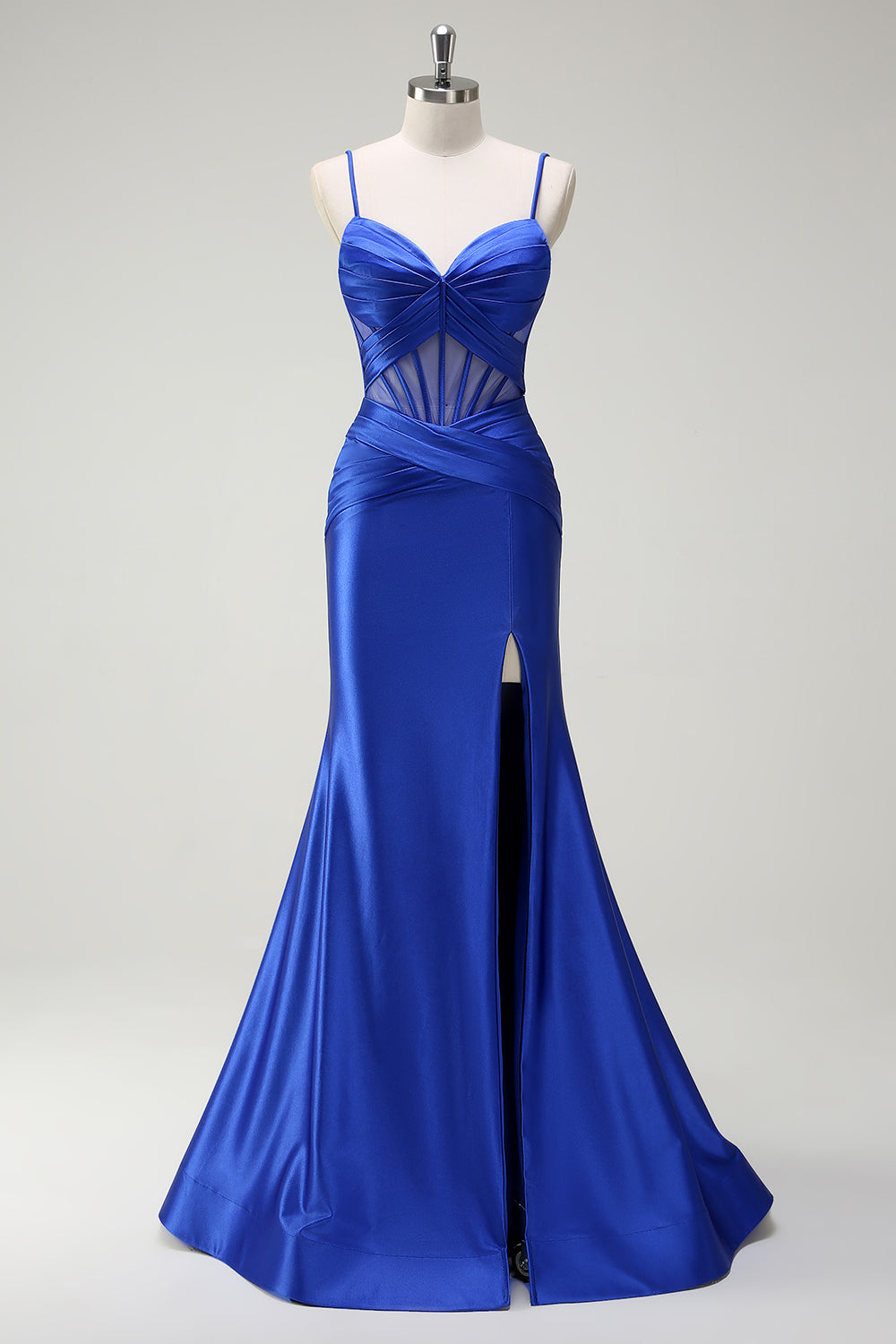 Royal Blue Mermaid Spaghetti Straps Corset Satin Long Prom Dress with Slit