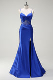 Royal Blue Mermaid Spaghetti Straps Corset Satin Long Prom Dress with Slit