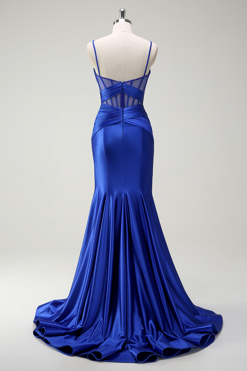 Royal Blue Mermaid Spaghetti Straps Corset Satin Long Prom Dress with Slit