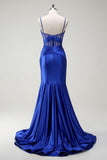 Royal Blue Mermaid Spaghetti Straps Corset Satin Long Prom Dress with Slit