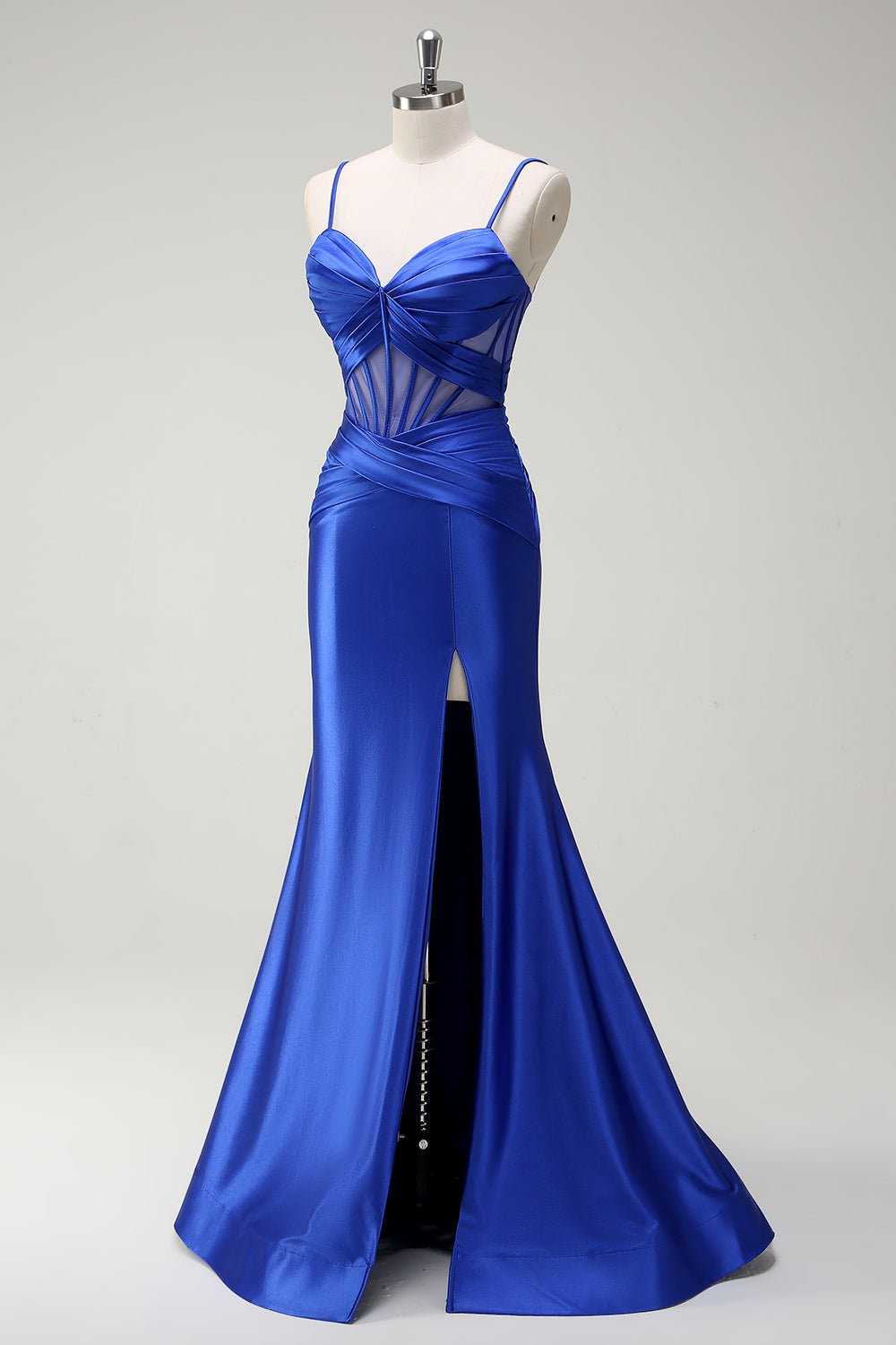 Royal Blue Mermaid Spaghetti Straps Corset Satin Long Prom Dress with Slit