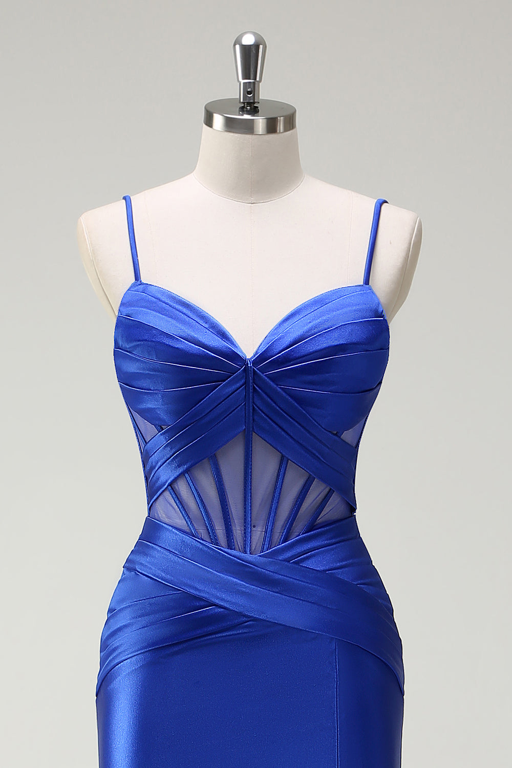 Royal Blue Mermaid Spaghetti Straps Corset Satin Long Prom Dress with Slit