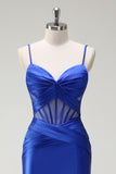Royal Blue Mermaid Spaghetti Straps Corset Satin Long Prom Dress with Slit