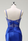 Royal Blue Mermaid Spaghetti Straps Corset Satin Long Prom Dress with Slit