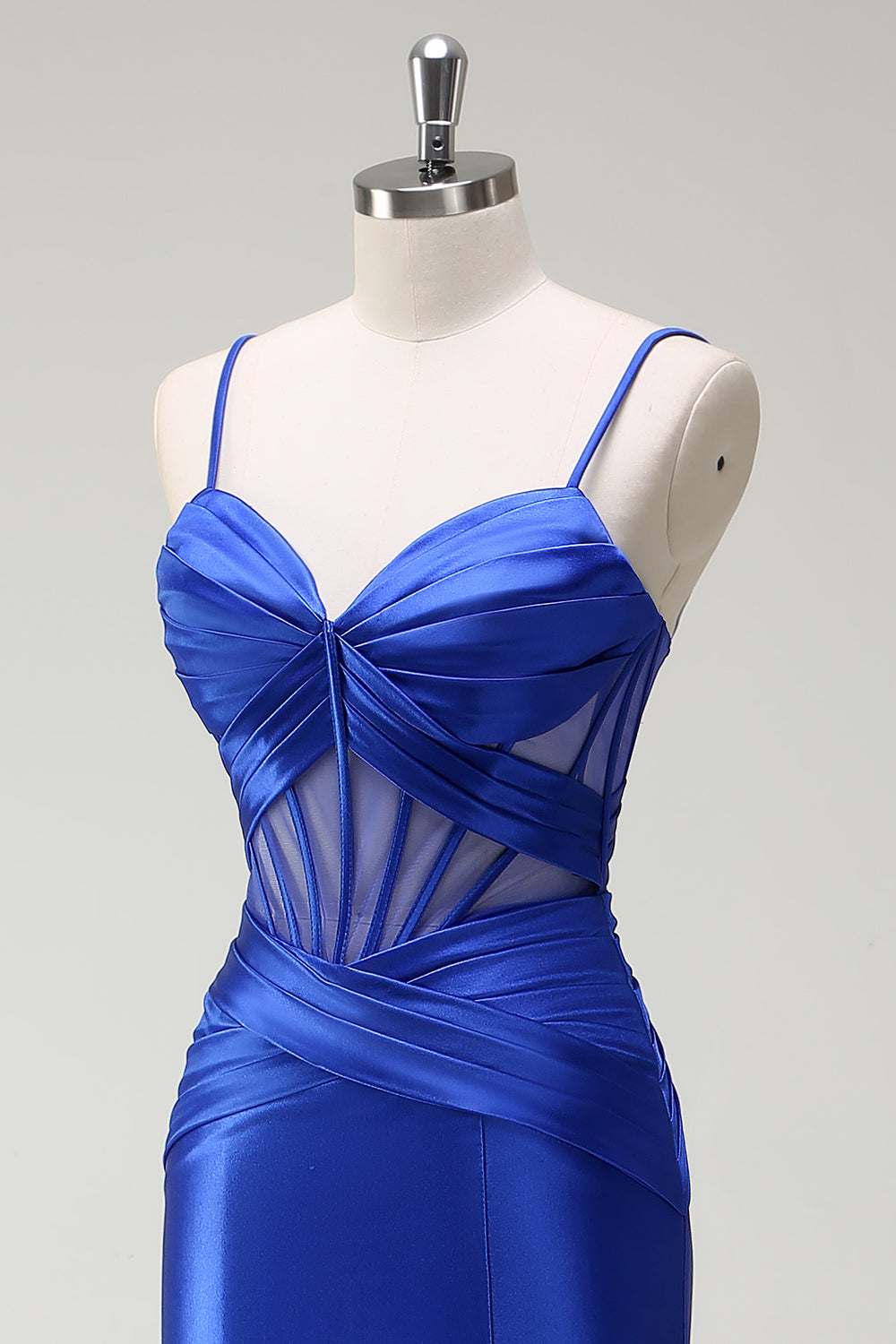 Royal Blue Mermaid Spaghetti Straps Corset Satin Long Prom Dress with Slit