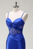 Royal Blue Mermaid Spaghetti Straps Corset Satin Long Prom Dress with Slit