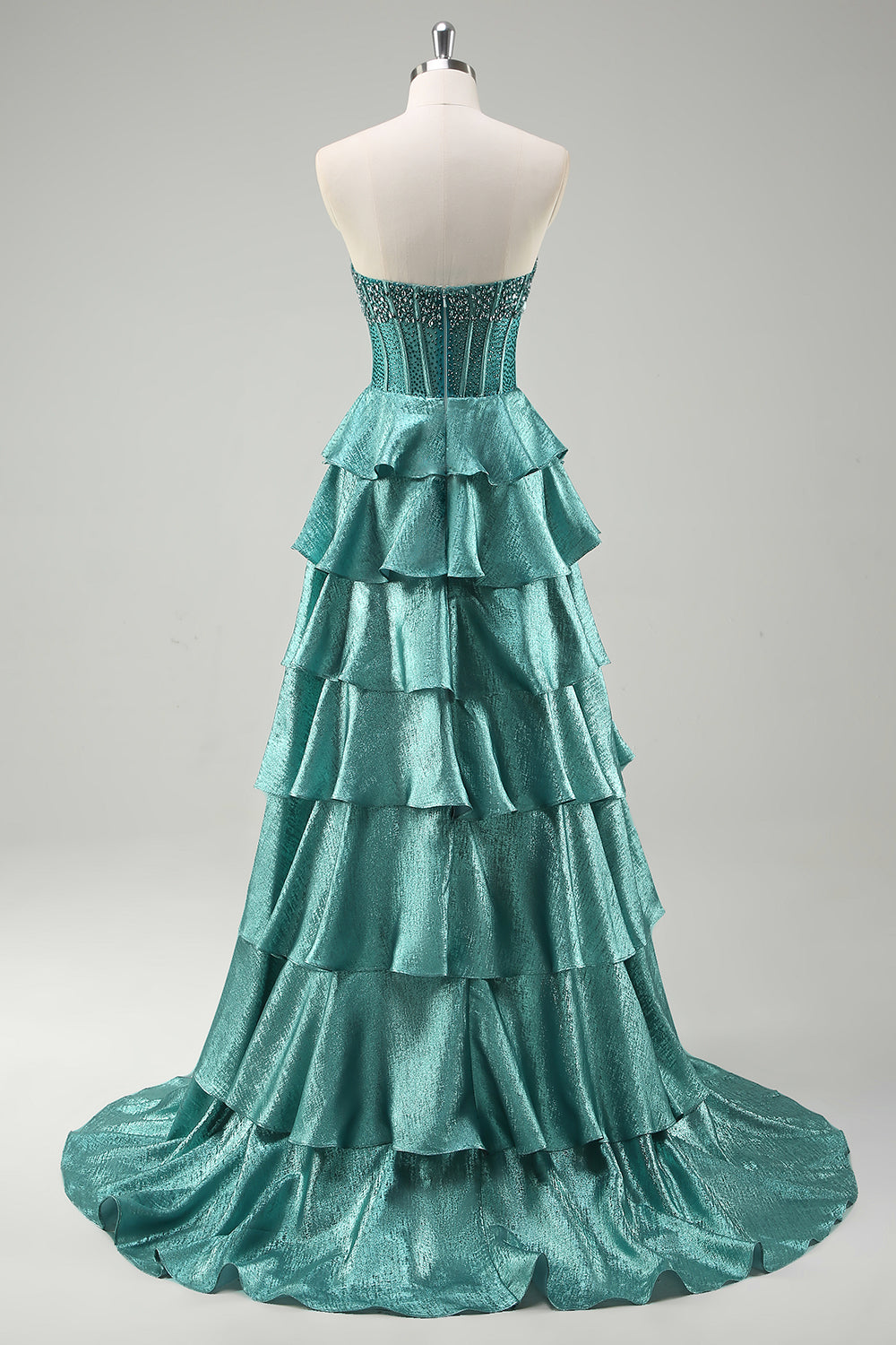 Peacock Green Tiered Ruffles Strapless Long Prom Dress with Beading
