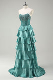 Peacock Green Tiered Ruffles Strapless Long Prom Dress with Beading