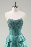 Peacock Green Tiered Ruffles Strapless Long Prom Dress with Beading