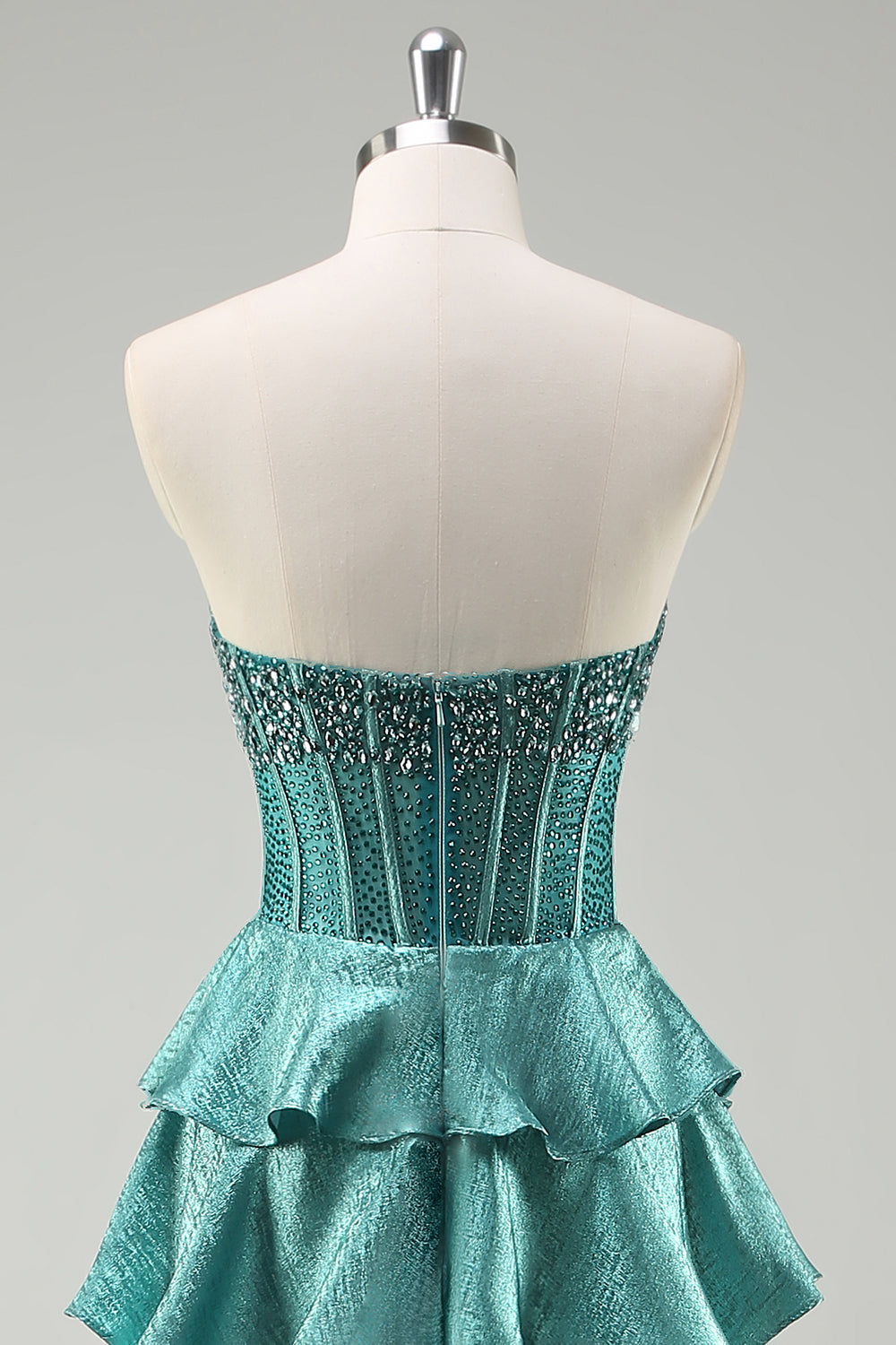 Peacock Green Tiered Ruffles Strapless Long Prom Dress with Beading