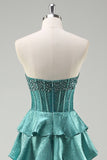 Peacock Green Tiered Ruffles Strapless Long Prom Dress with Beading