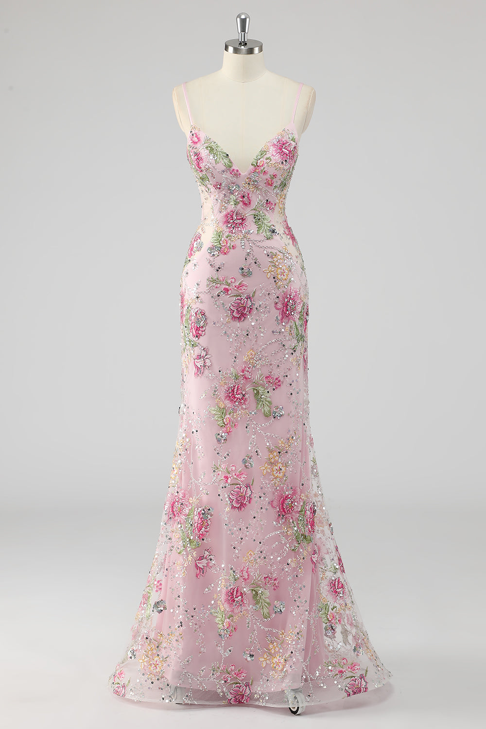 Pink Mermaid Spaghetti Straps Sequins Long Prom Dress with Appliques