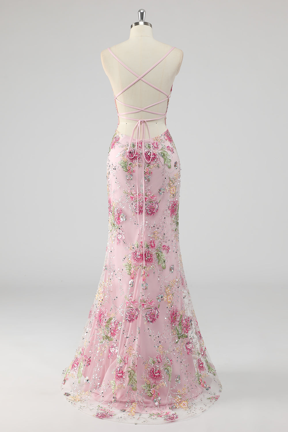 Pink Mermaid Spaghetti Straps Sequins Long Prom Dress with Appliques