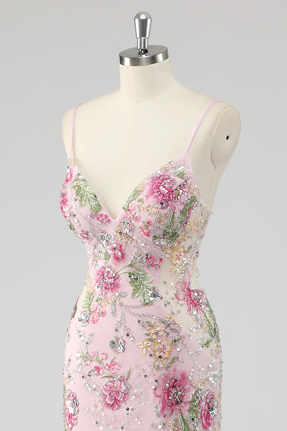 Pink Mermaid Spaghetti Straps Sequins Long Prom Dress with Appliques