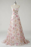 Sparkly Pink Strapless A-Line Sequin Floral Long Prom Dress