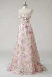 Sparkly Pink Strapless A-Line Sequin Floral Long Prom Dress