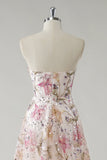 Sparkly Pink Strapless A-Line Sequin Floral Long Prom Dress