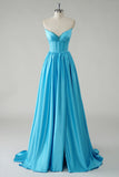 Sparkly Blue A-Line Sequin Strapless Corset Long Prom Dress