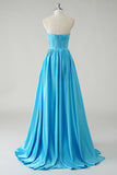 Sparkly Blue A-Line Sequin Strapless Corset Long Prom Dress