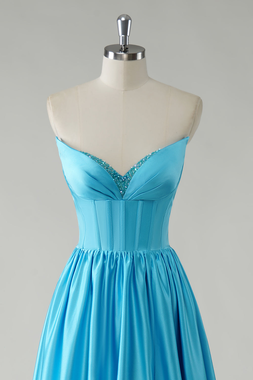 Sparkly Blue A-Line Sequin Strapless Corset Long Prom Dress