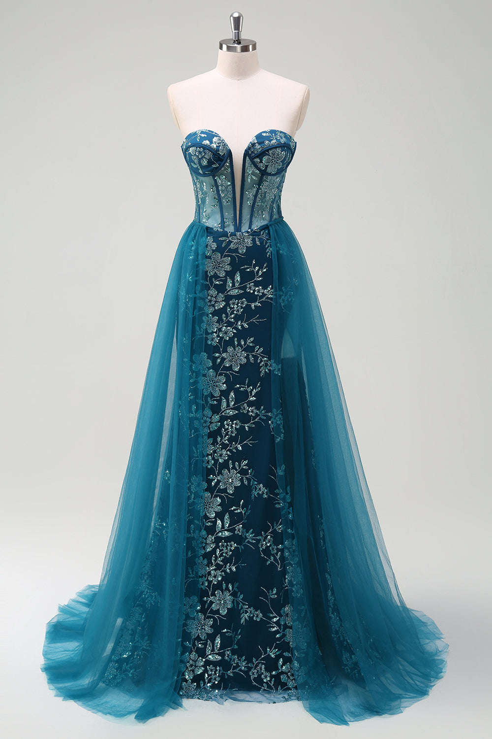 Sparkly Peacock Blue Strapless Corset Long Mermaid Prom Dress with Slit