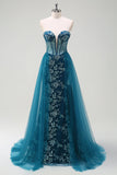 Sparkly Peacock Blue Strapless Corset Long Mermaid Prom Dress with Slit