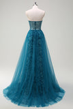 Sparkly Peacock Blue Strapless Corset Long Mermaid Prom Dress with Slit