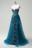 Sparkly Peacock Blue Strapless Corset Long Mermaid Prom Dress with Slit